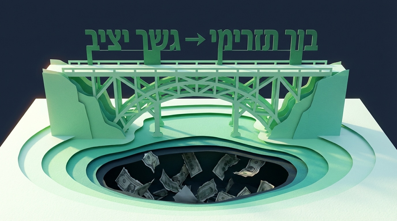 אילוסטרציית נייר תלת מימדית של גשר יציב מעל בור של כסף נופל, בנושא תמחור ורווחיות
