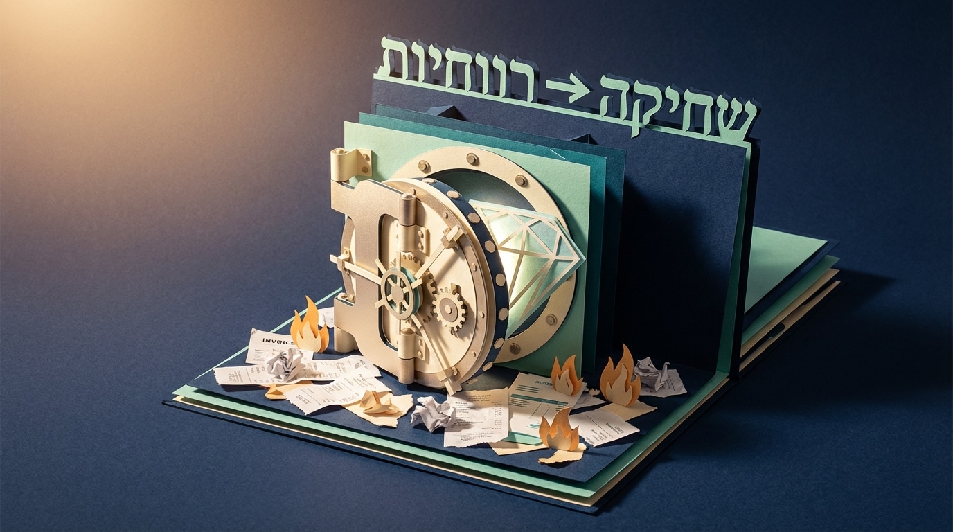 אילוסטרציית מגזרות נייר של כספת נפתחת ויהלום (רווחיות) העולה מתוך ערמה של קבלות קרועות (שחיקה)