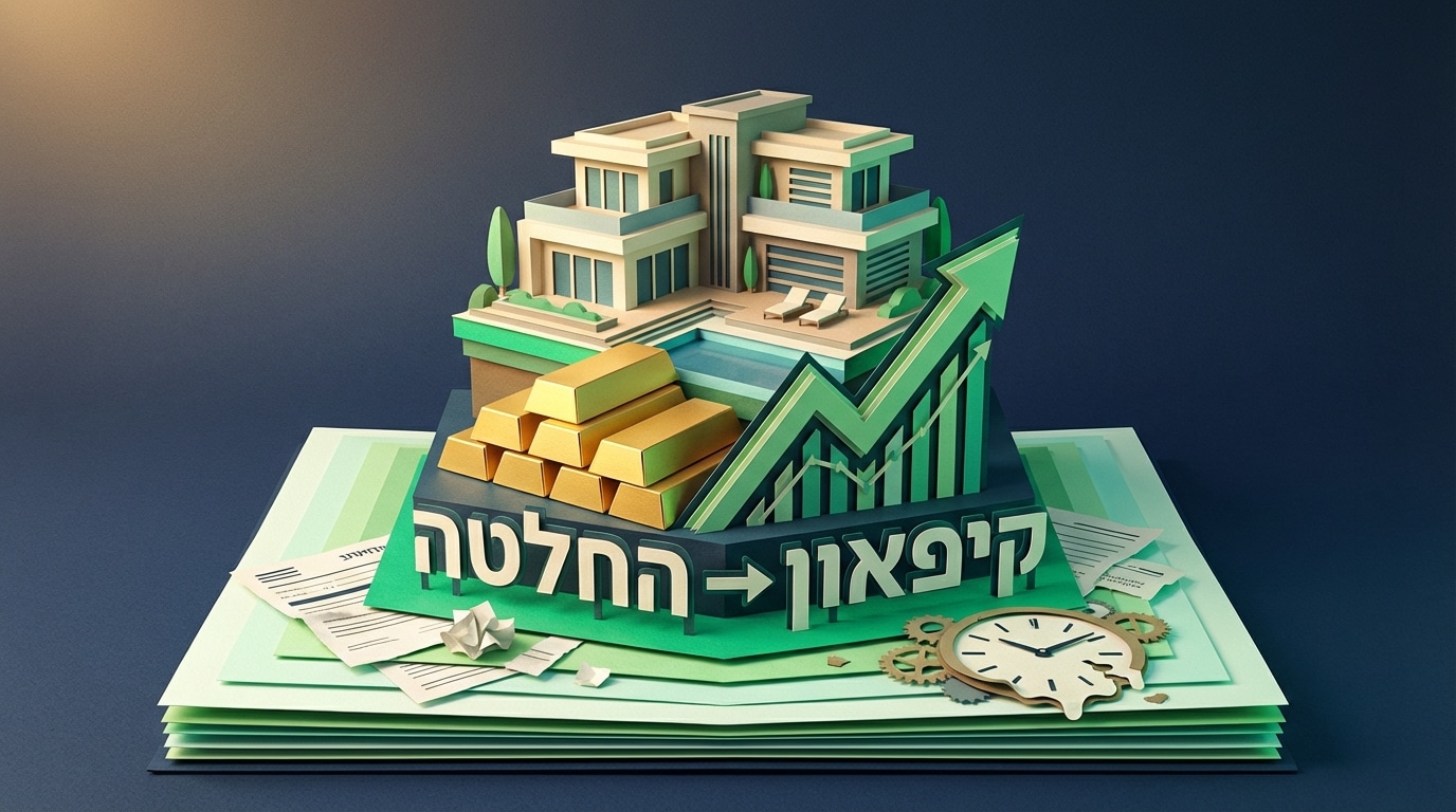 אילוסטרציה של תכנון פרישה המציגה מעבר מניירת קרועה ושעון נמס לוילה יוקרתית על גבי מטילי זהב