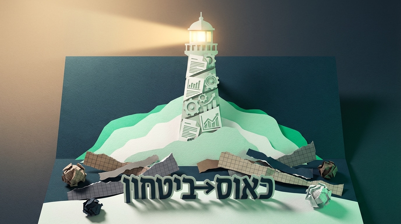 אילוסטרציית תלת מימד של מגדלור נייר העולה מתוך ערמת דפים מקומטים, הממחישה מעבר מכאוס לביטחון בתהליך תכנון פרישה