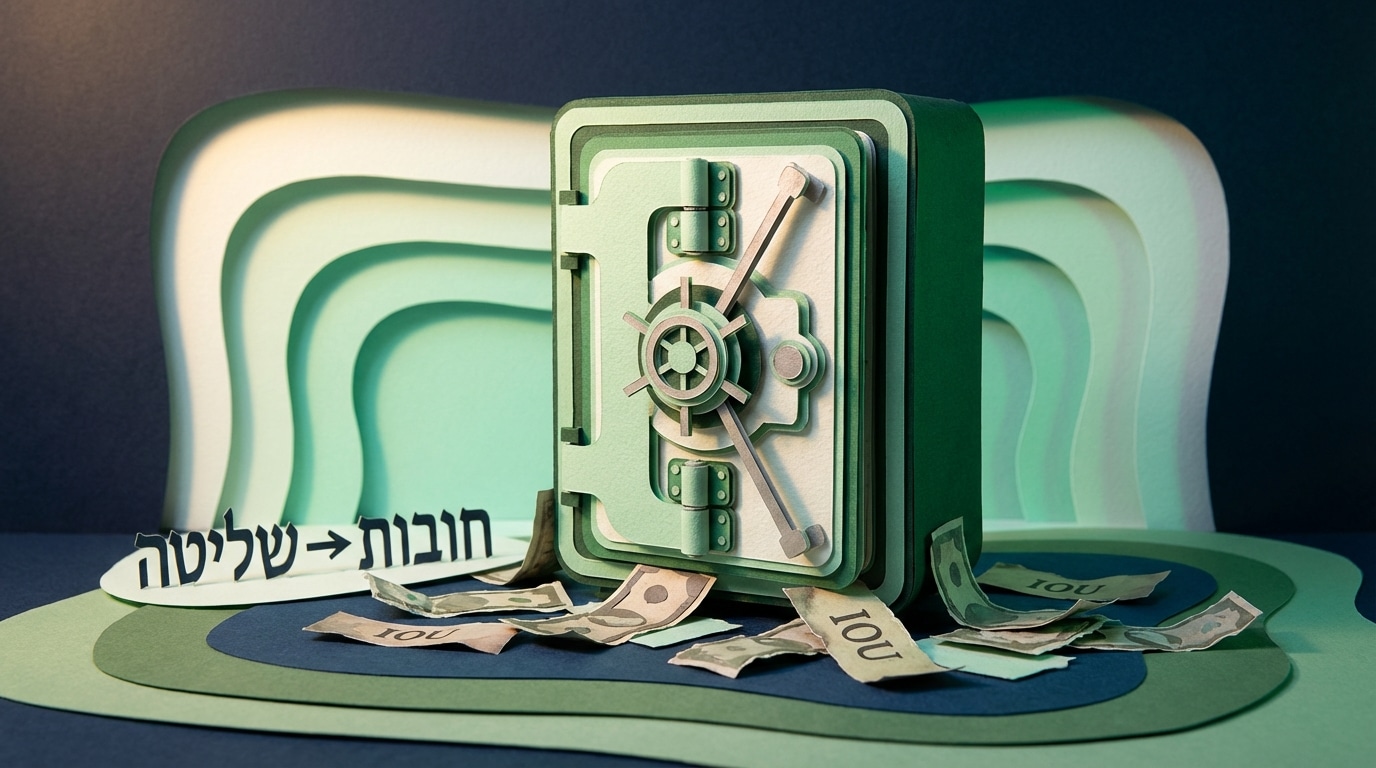 אילוסטרציה בסגנון מגזרות נייר המציגה כספת ירוקה חזקה המייצגת שליטה ב-תזרים מזומנים העולה מתוך ערמת שטרות קרועים