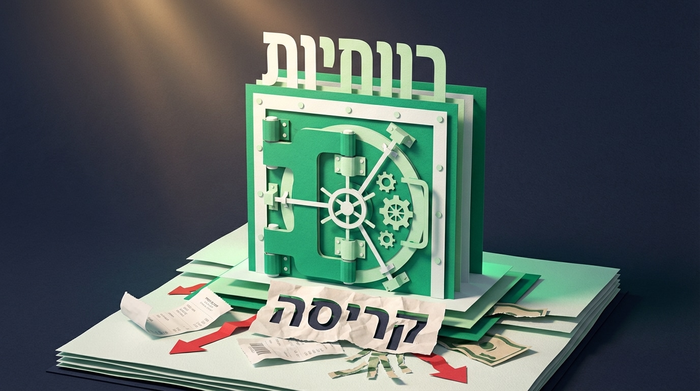 אומנות נייר של כספת יציבה הבנויה על גבי קבלות קרועות, המייצגת מעבר מקריסה אל תמחור ורווחיות