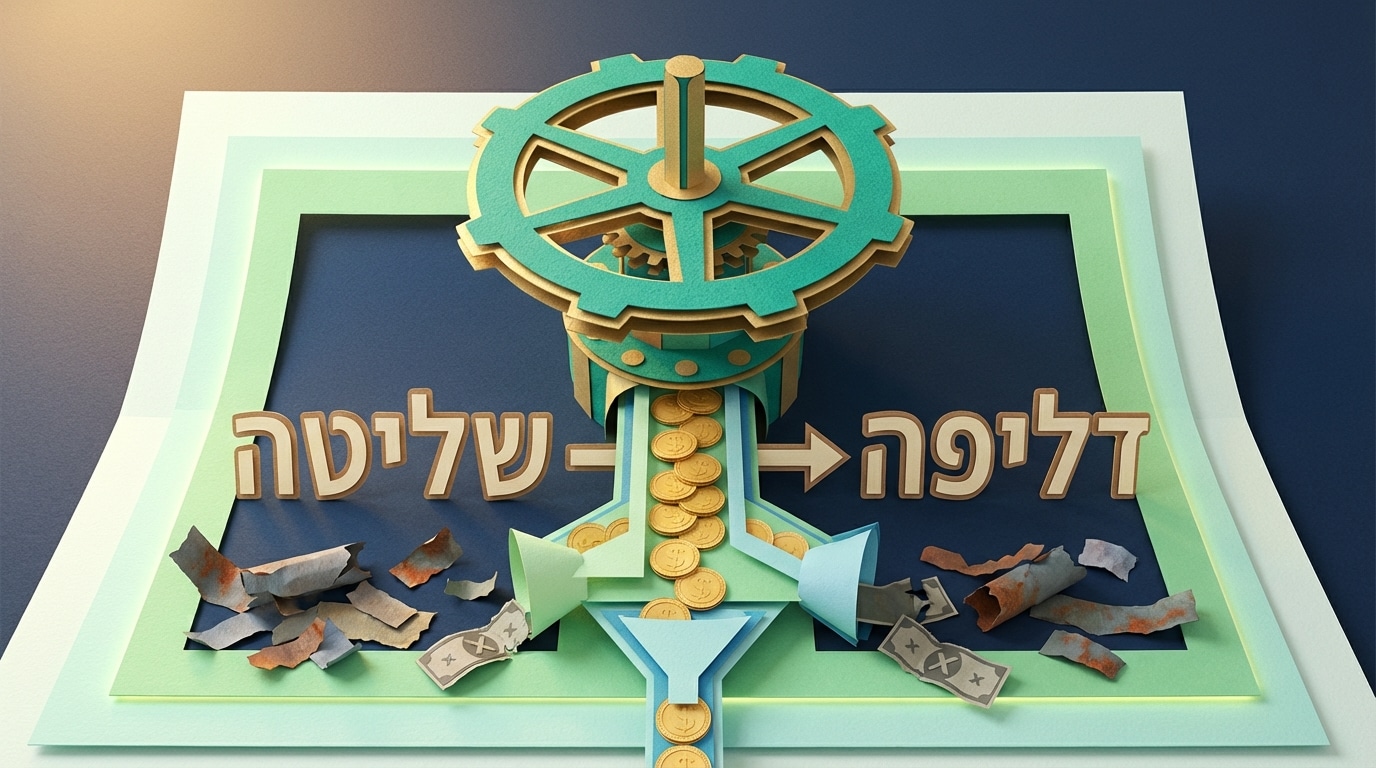 פסל נייר תלת מימדי של ברז תעשייתי השולט בזרם המטבעות המייצג תזרים מזומנים בריא מול דליפה