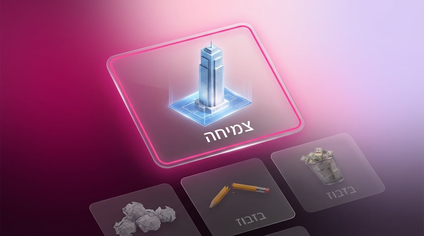 כרטיס זכוכית זוהר המציג גורד שחקים מול כרטיסים עמומים המציגים ניירות מקומטים, הממחישים אסטרטגיה עסקית מנצחת