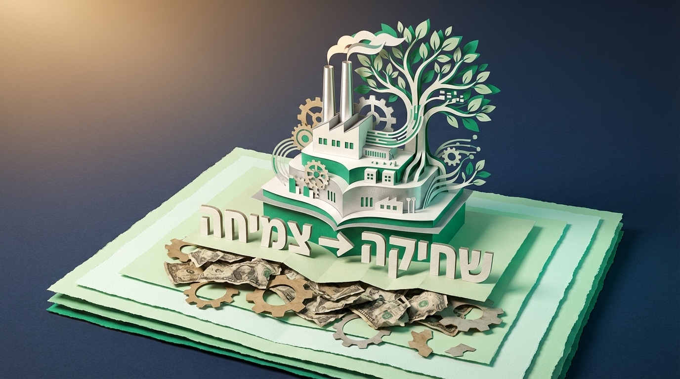 פסל נייר תלת מימדי המציג עץ-מנוע טכנולוגי צומח מתוך ערימת שטרות קרועים, עם הכיתוב שחיקה מול צמיחה בנושא תמחור ורווחיות