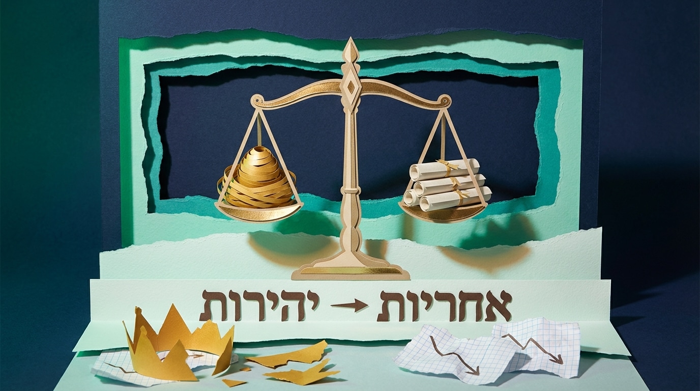 אילוסטרציית תלת מימד מנייר המציגה מאזניים עם ביצת זהב המנצחים כתר שבור, תחת הנושא תכנון פרישה.