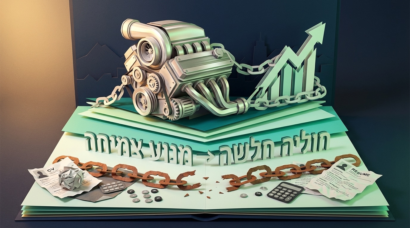 אילוסטרציה תלת מימדית מנייר המציגה מעבר מחוליה חלשה למנוע צמיחה עבור תכנון פרישה מוצלח