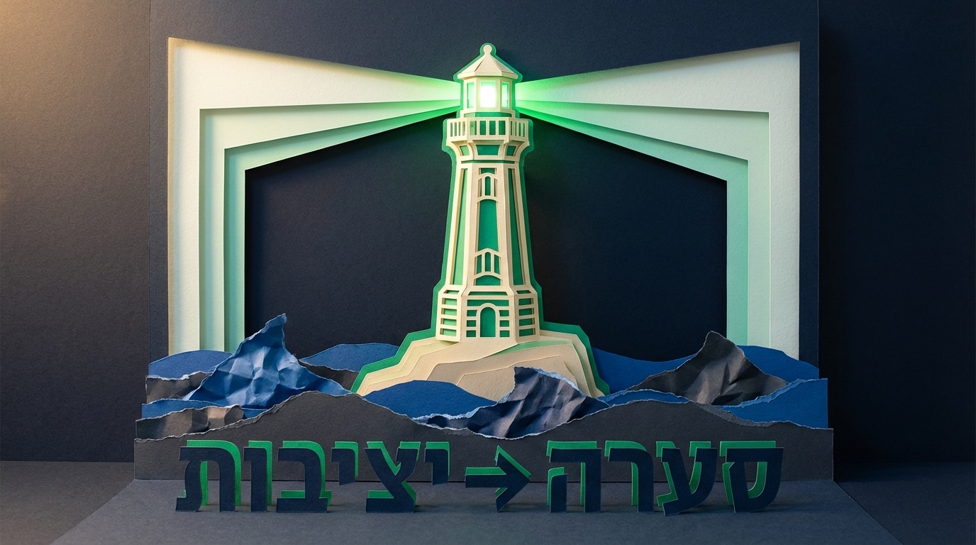 מגדלור יציב בסגנון גזרי נייר עומד מול גלי סערה קרועים, המייצג תכנון פרישה בטוח בזמן משבר