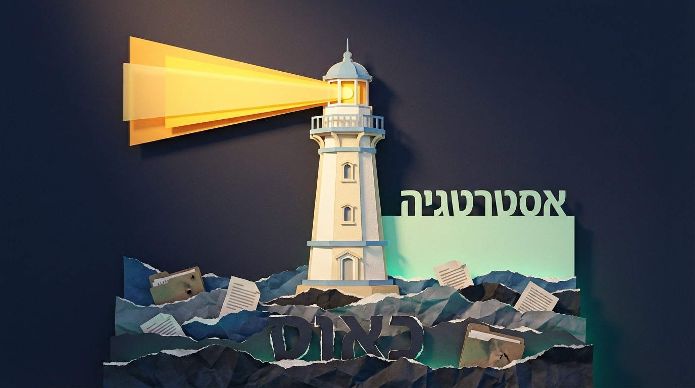 מגדלור נייר יציב המייצג אסטרטגיה בתכנון פרישה עולה מתוך גלי נייר מקומטים המייצגים את הכאוס היומיומי