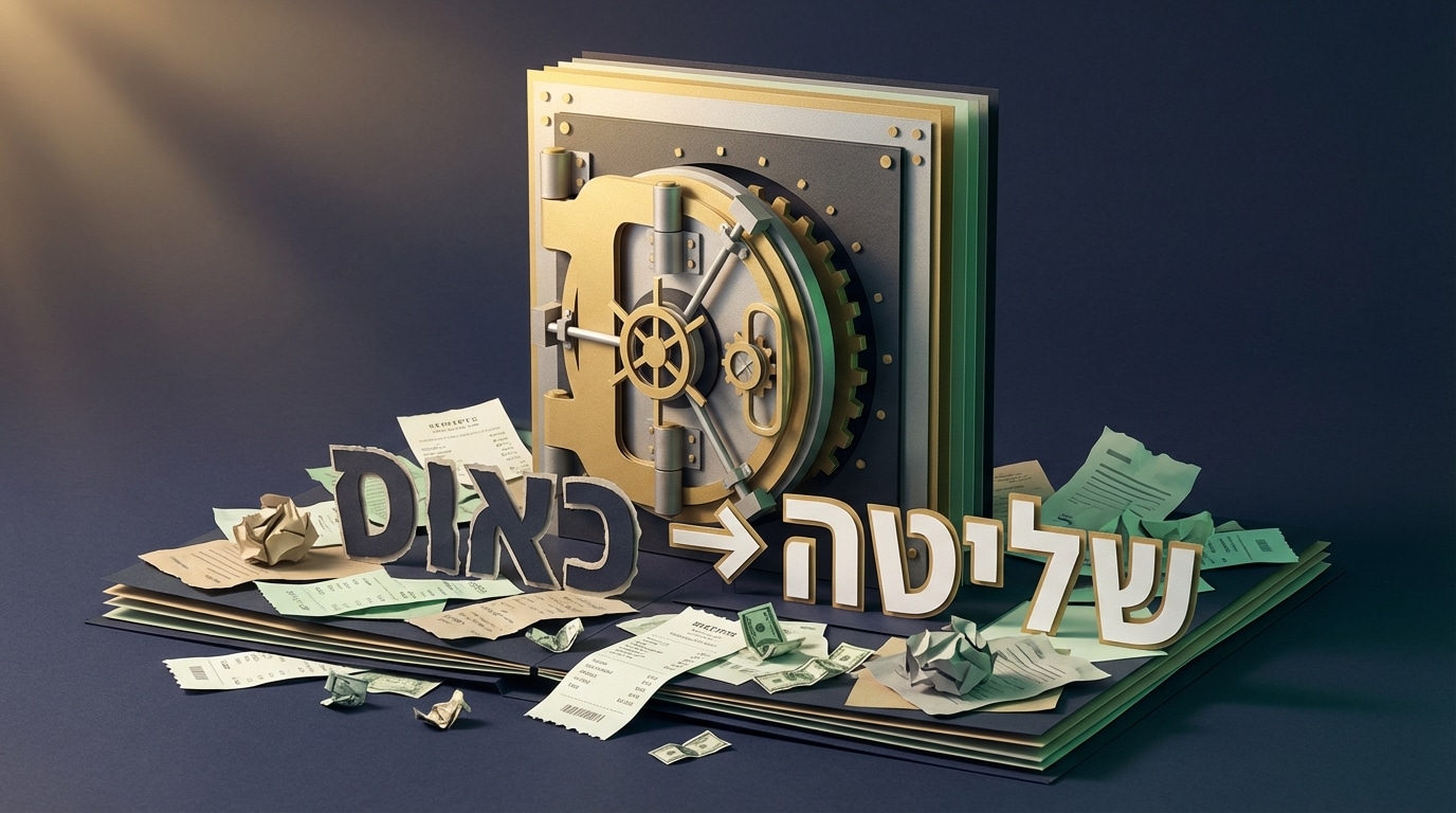 כספת נייר מוגנת וגדולה המתרוממת מעל ערמה של קבלות קרועות וכסף מפוזר, המייצגת תזרים מזומנים בריא