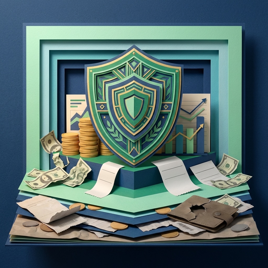 אייקון ריבועי של מגן נייר ומטבעות המייצג ניהול פיננסי