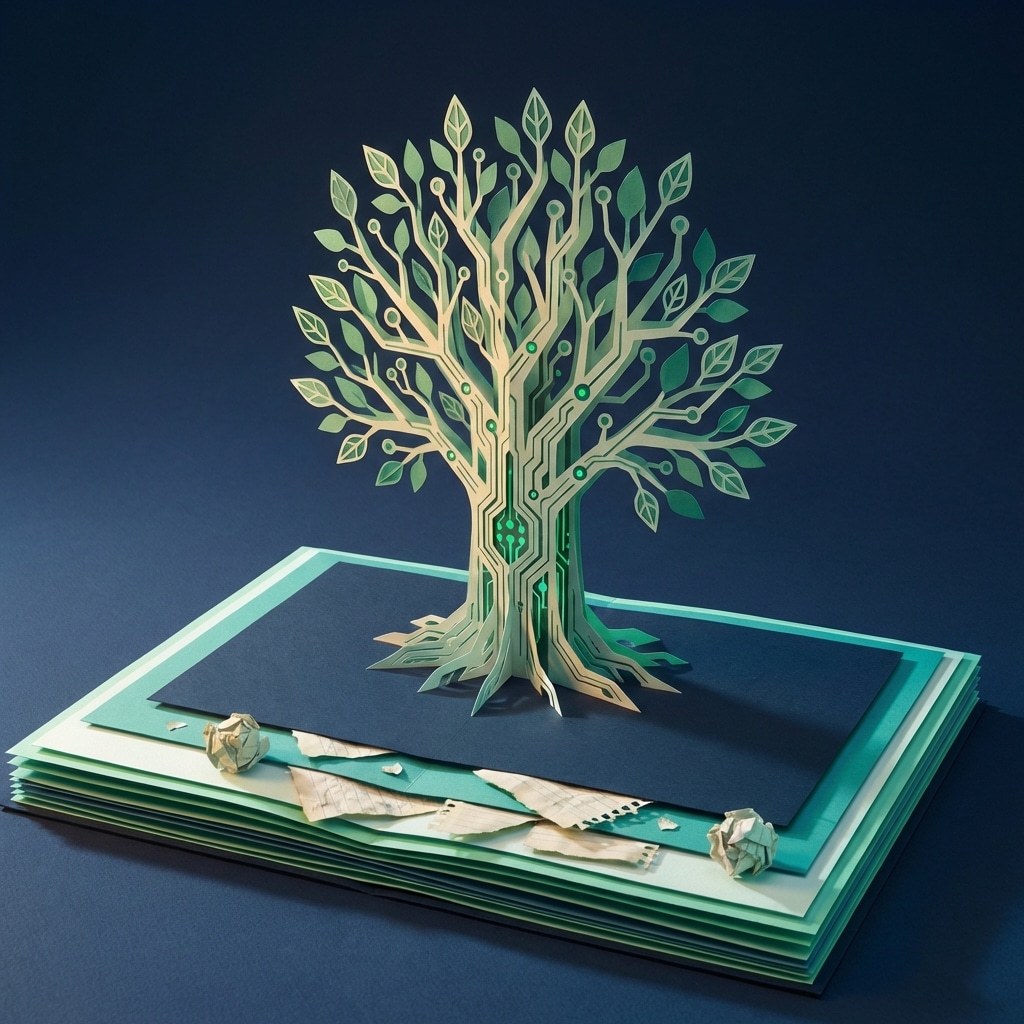 אייקון ריבועי של עץ דיגיטלי עשוי נייר, המסמל צמיחה וניהול טכנולוגי.