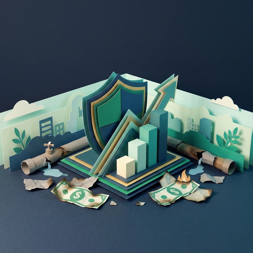 אייקון תלת מימד של מגן פיננסי וגרף צמיחה עשוי נייר.