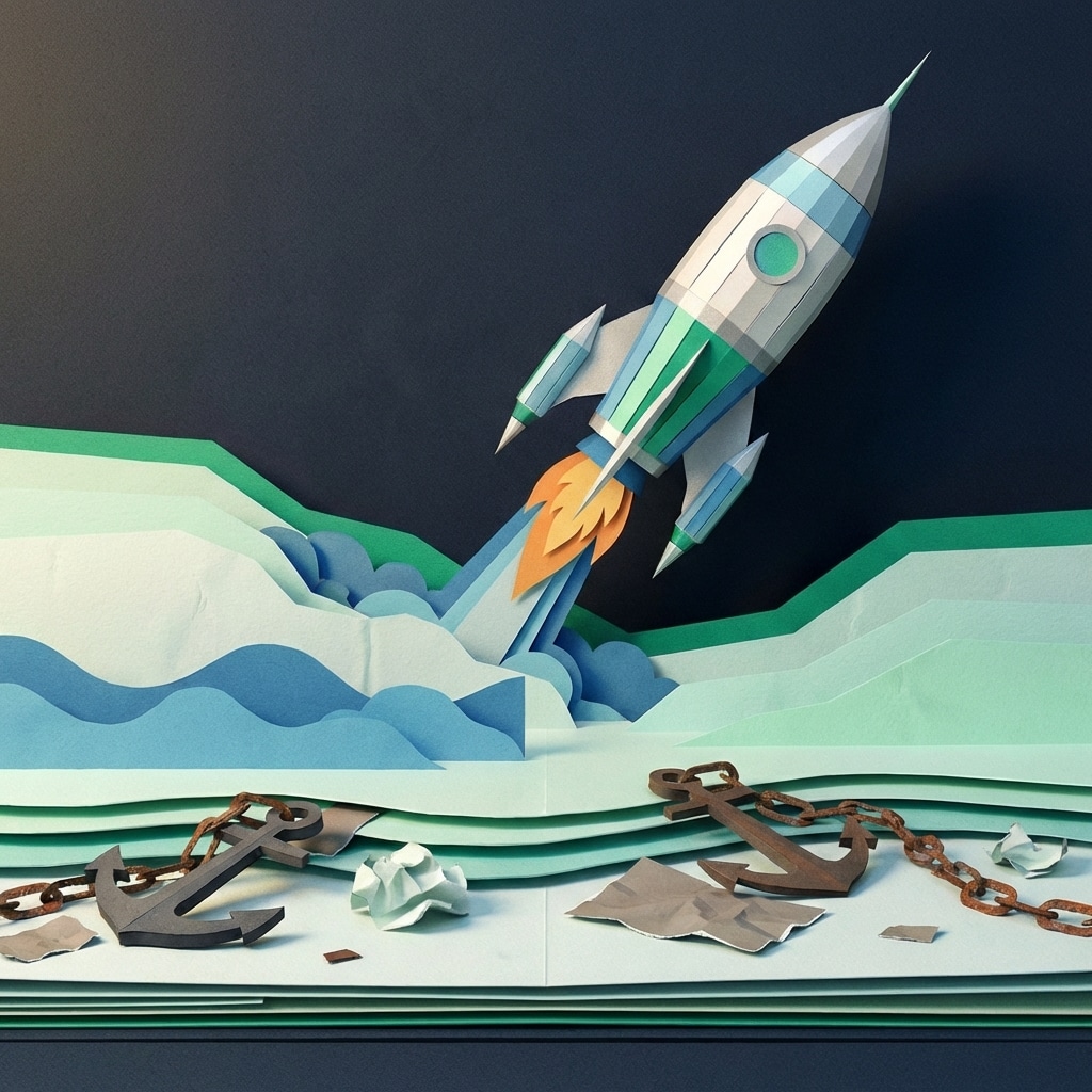 אייקון ריבועי של טיל נייר ממריא על רקע כהה, ללא טקסט