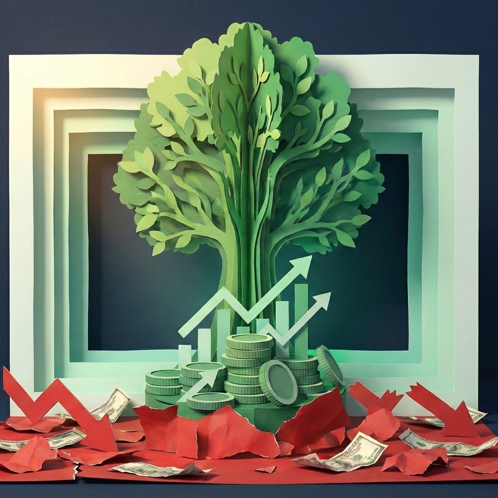 אייקון ריבועי של עץ נייר ירוק הצומח מתוך מטבעות, המייצג השקעות לטווח ארוך