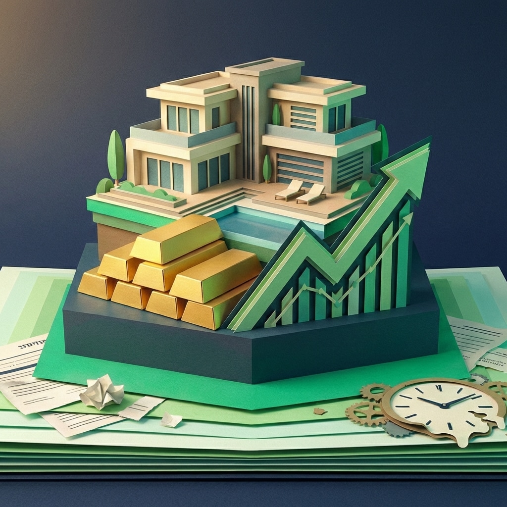 אייקון תכנון פרישה המציג וילה יוקרתית מנייר על גבי מטילי זהב