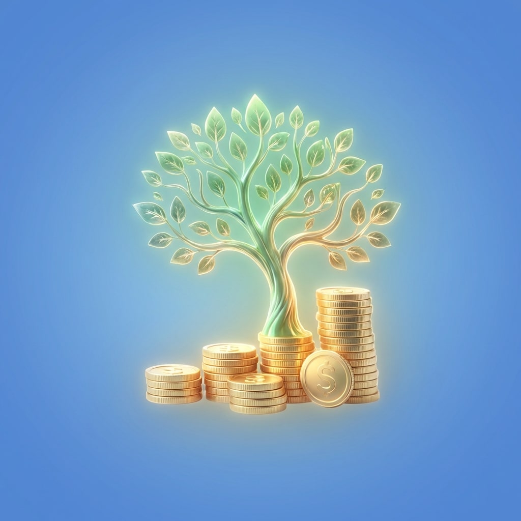 אייקון תלת מימד של עץ צומח מתוך מטבעות על רקע זכוכית