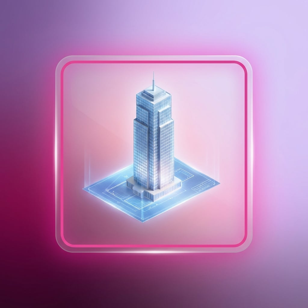 אייקון תלת מימדי של גורד שחקים על גבי כרטיס זכוכית חלבית