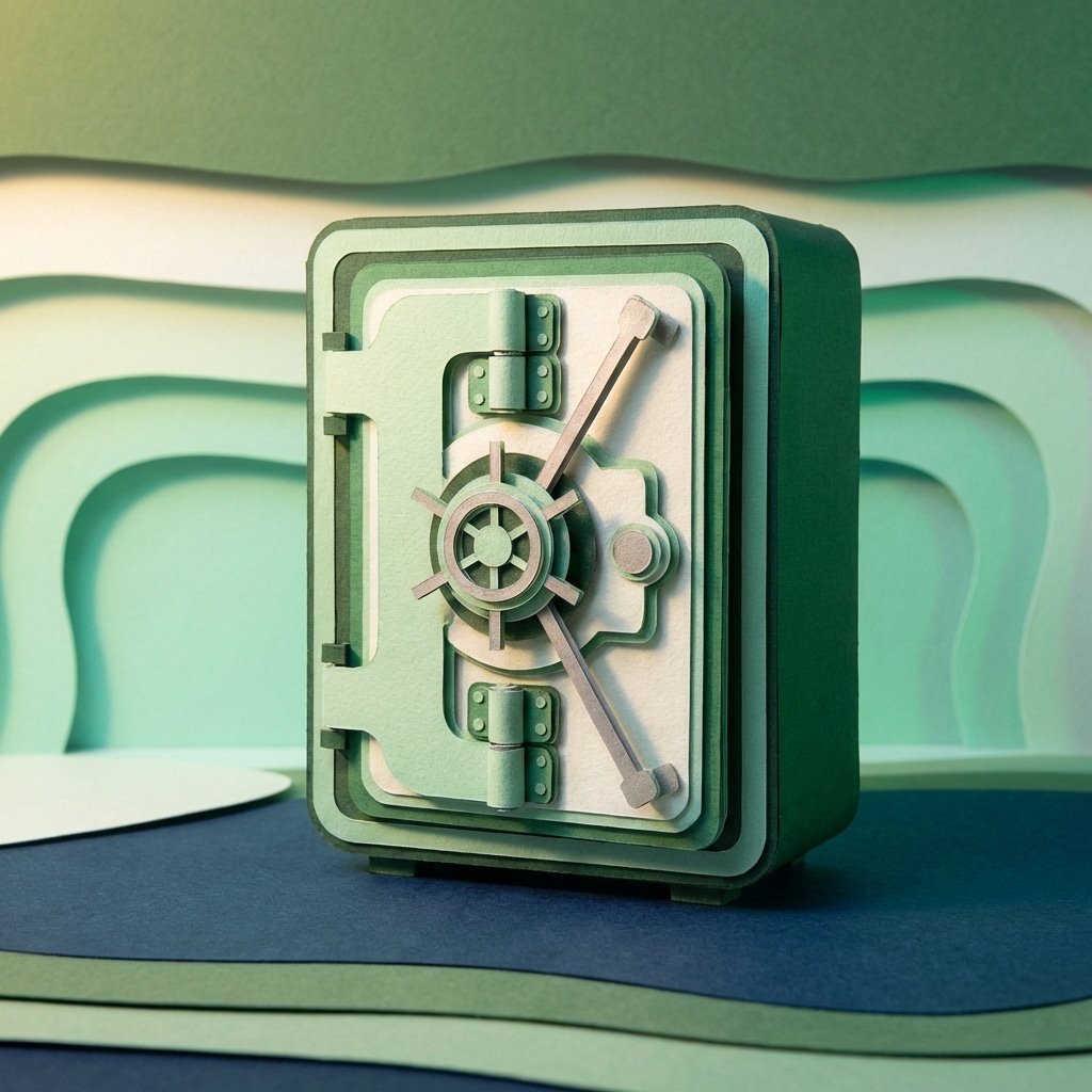 אייקון תלת מימדי מנייר של כספת ירוקה נעולה