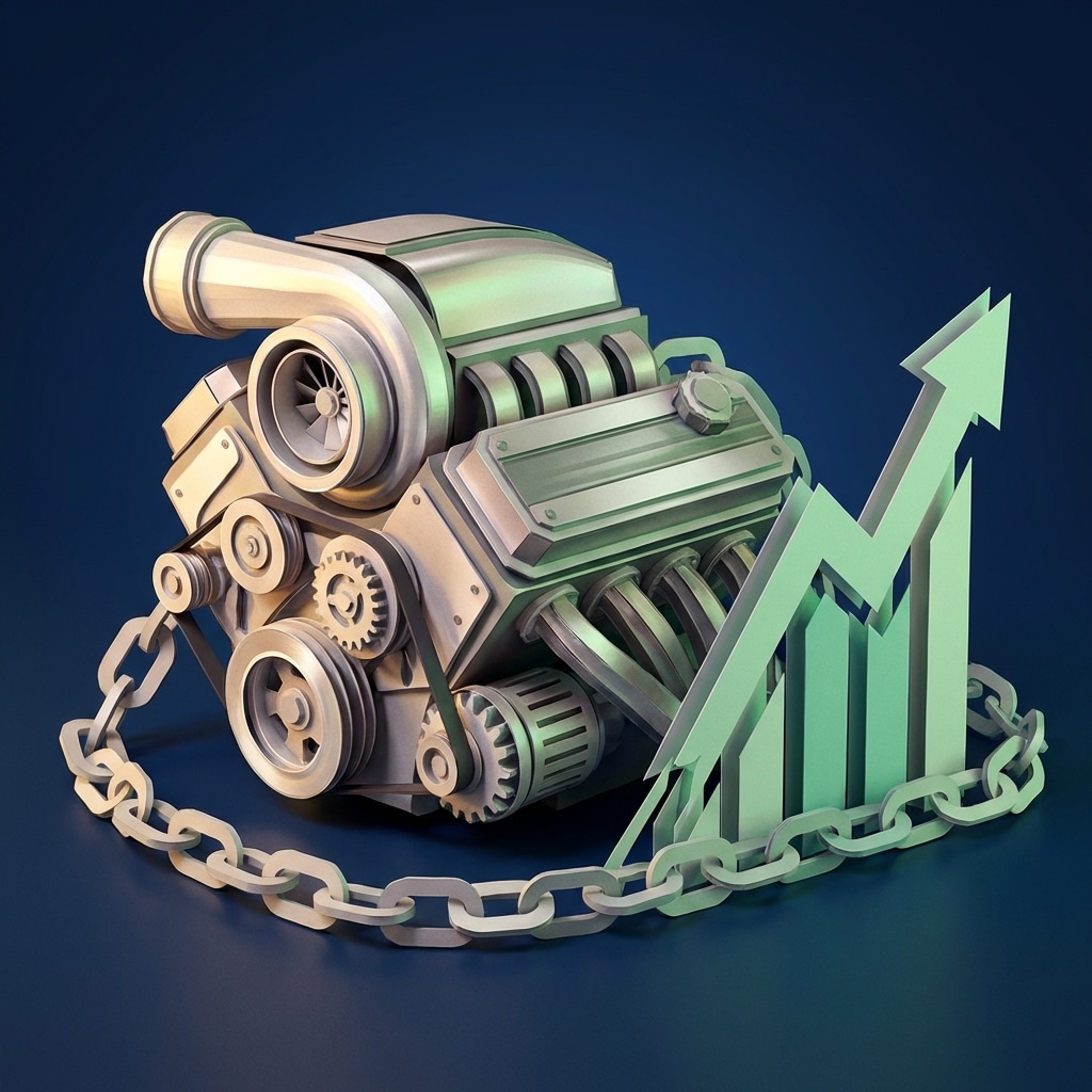 אייקון תלת מימדי מנייר של מנוע טורבו ושרשרת חזקה המייצג תכנון פרישה