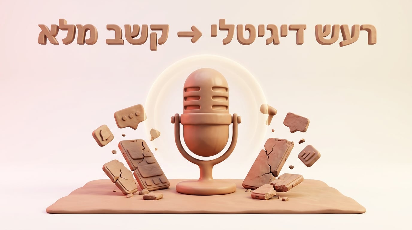 איור חימר של מיקרופון אולפן נוצץ המייצג פרסום ברדיו אל מול סמארטפונים ושברי רשתות חברתיות מתפוררים.