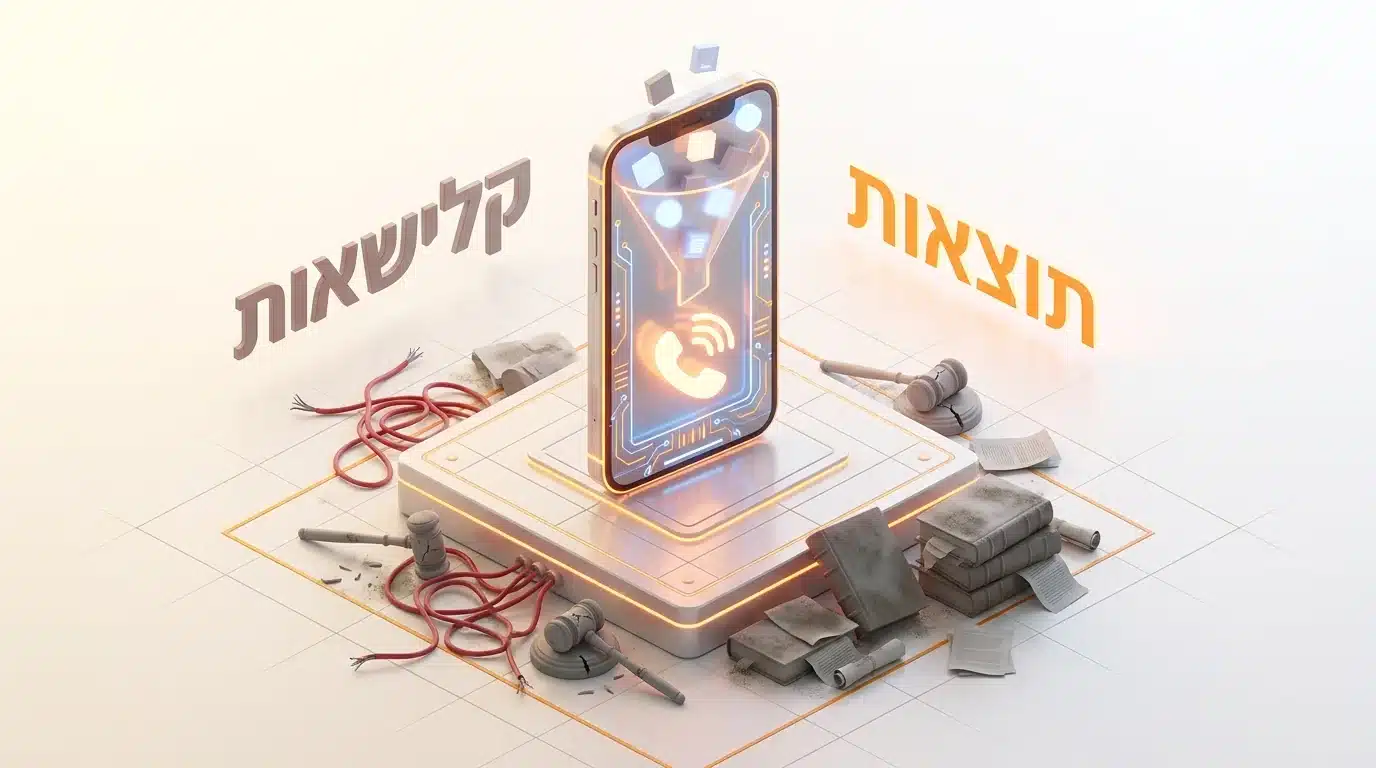 סמארטפון תלת מימדי ענק המשמש כמשפך המייצג אתר תדמית לעורך דין ממוקד תוצאות, אל מול ספרי חוק ופטיש משפט מפוזרים ושבורים בתחתית.