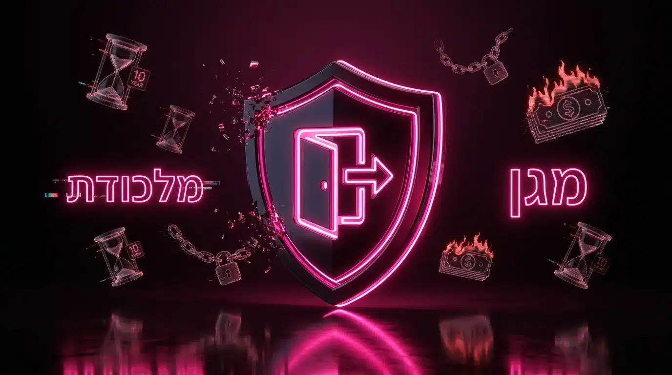 מגן ניאון תלת ממדי המייצג הגנה בתוך הסכם זיכיון, שובר שלשלאות דיגיטליות, עם המילים מלכודת ומגן.