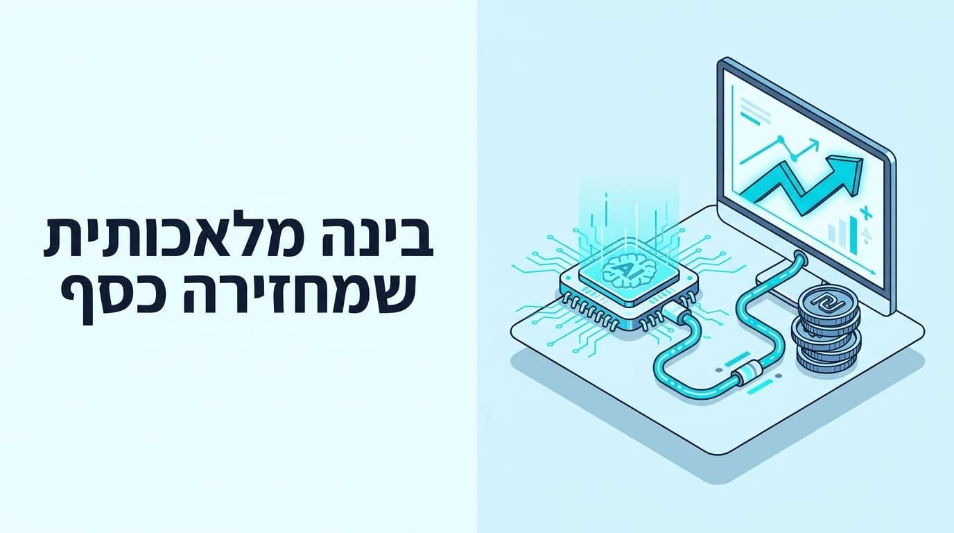 בינה מלאכותית לעסקים: איור איזומטרי של ליבת AI מחוברת לגרף החזר עולה וערימת מטבעות שקל